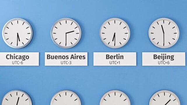 Different clocks with different time zones and cities on a wall. Newsroom, worldwide cooperation and teamwork concept. Camera panning, last 720 frames loopable