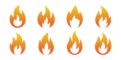 Collection of fire flame flat icon vector isolated on white background. Heat, burn, hot, bonfire, burning, warm, campfire, fireball, danger symbol