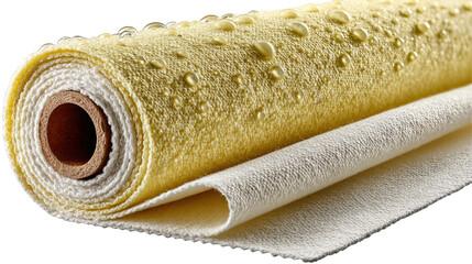Textile Roll with Water droplets: A close-up shot showcases a freshly rolled textile roll with water droplets, highlighting texture and the details of the fibers.