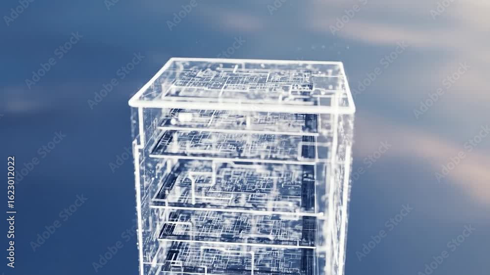 Poster futuristic transparent cube with circuit board layers against blue background