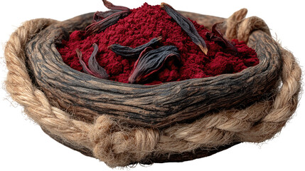 Vibrant Red Hibiscus Powder in Rustic Basket: A close-up shot reveals a rustic basket brimming with finely ground, vivid red hibiscus powder, complemented by a few dried petals.