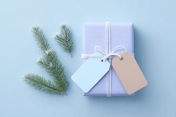 Wrapped gift in soft lavender hues, adorned with tags and pine s