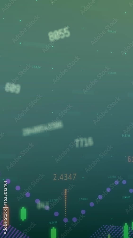 Poster animation of changing numbers over multicolored graphs against blue background