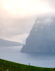A lone figure stands on a lush green hillside, gazing at the dramatic cliffs and calm waters of the Faroe Islands under a misty sky. Kallur Lighthouse, Kalsoy Island