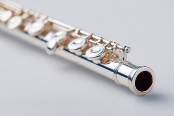 Fototapeta premium Shiny silver flute rests elegantly on smooth surface, showcasing