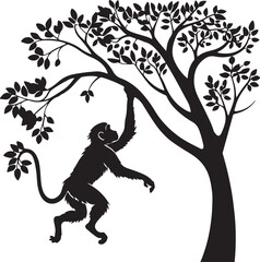 monkey Funny cartoon tree silhouette vector illustration with a dancing monkey 