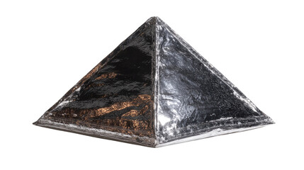 Metallic Pyramid Artistry: A striking silver metallic pyramid, gleaming with multifaceted texture and sharp angles, presents a study in geometric elegance.