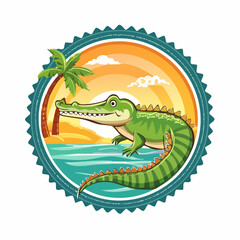 Naklejka premium Cartoon Alligator Lounging on a Tropical Beach at Sunset Emblem Design Illustration