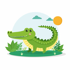 Obraz premium Cartoon Crocodile in Sunny Landscape: A Cheerful Alligator Illustration with Lush Greenery