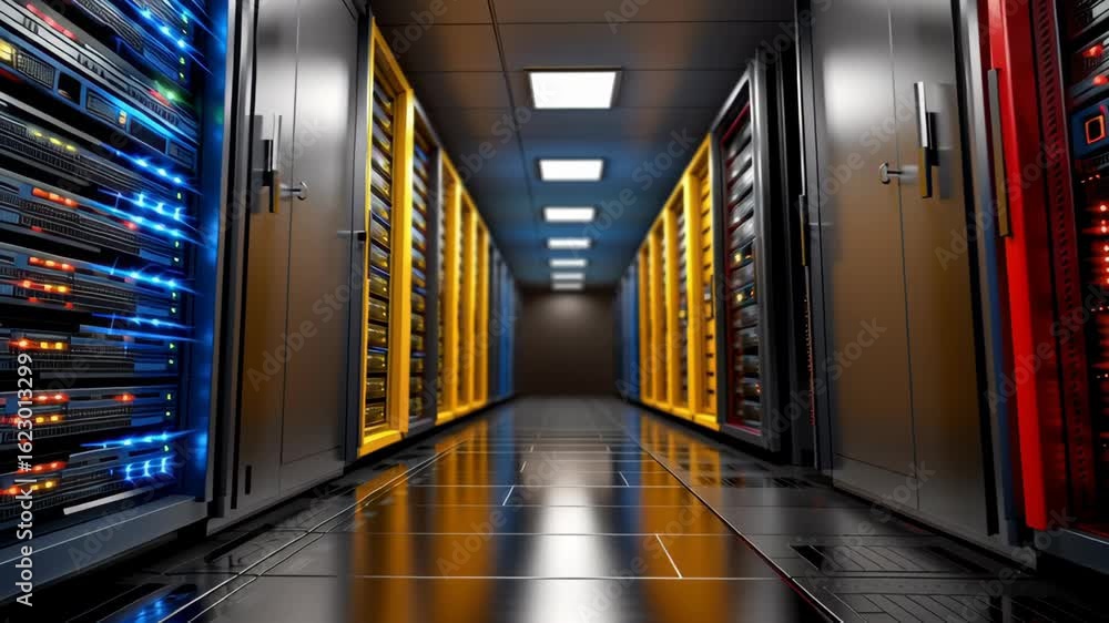Poster advanced technology in digital server room showcase of data management, storage solutions, and netwo