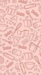 Baking themed seamless pattern with cherries, rolling pins, whisks, measuring cups, and the word "Bake".