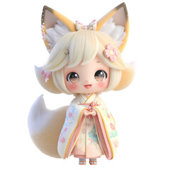 Cute Chibi Fox Girl in Kimono | Kawaii Pink Fox Character for Merch and Collectibles