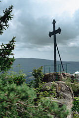 Sokolik and Krzyżna Góra with iron cross on top are two nearby peaks in the Sokole Mountains in the Rudawy Janowickie. Poland, lover silesia 