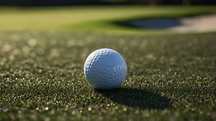 A golf ball rests on the green grass of a golf course with a sand trap in the background scene view