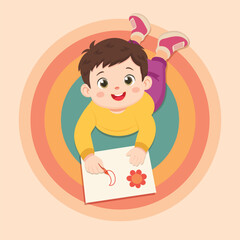 Happy Child Drawing a Flower Cute Cartoon Illustration