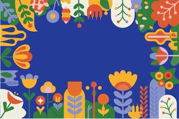 Floral border on blue colorful decorative arrangement