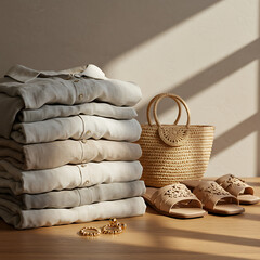 Stacked clothing, a woven handbag, and sandals arranged on a wooden surface, illuminated by sunlight.