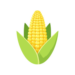 Obraz premium Fresh corn on the cob with husk, illustration of yellow sweetcorn with green leaves on black background
