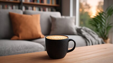 Close-up of coffee mug on wooden table in cozy living room interior