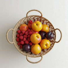 Overhead view of a woven basket filled with various fresh, colorful fruits.