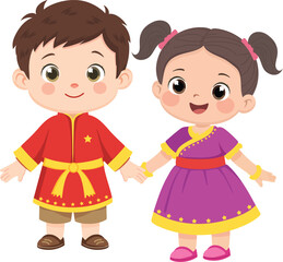Children Holding Hands in Traditional Attire