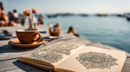 Coffee and Sketchbook by the Water with Mandala Art