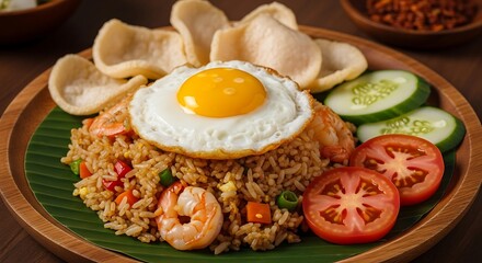 Authentic Indonesian Nasi Goreng, seafood fried rice with a sunny side up egg, shrimp crackers, and vegetables on a banana leaf.