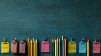 Colorful School Supplies Lined Up on Chalkboard Background