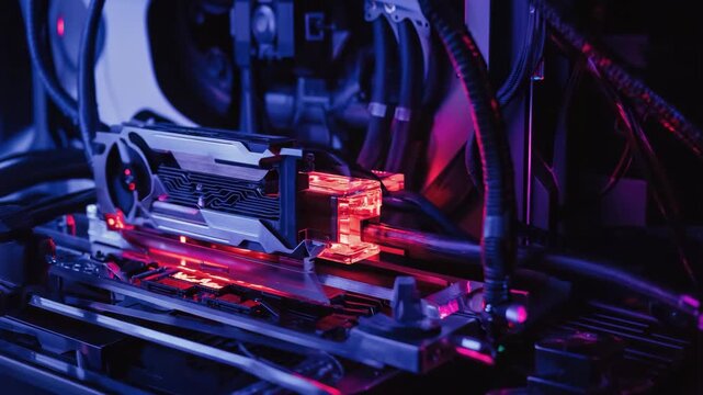 Close-up of a powerful video card inside a custom gaming computer build with vibrant red and blue neon lighting.