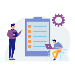 Business employees checking clipboard