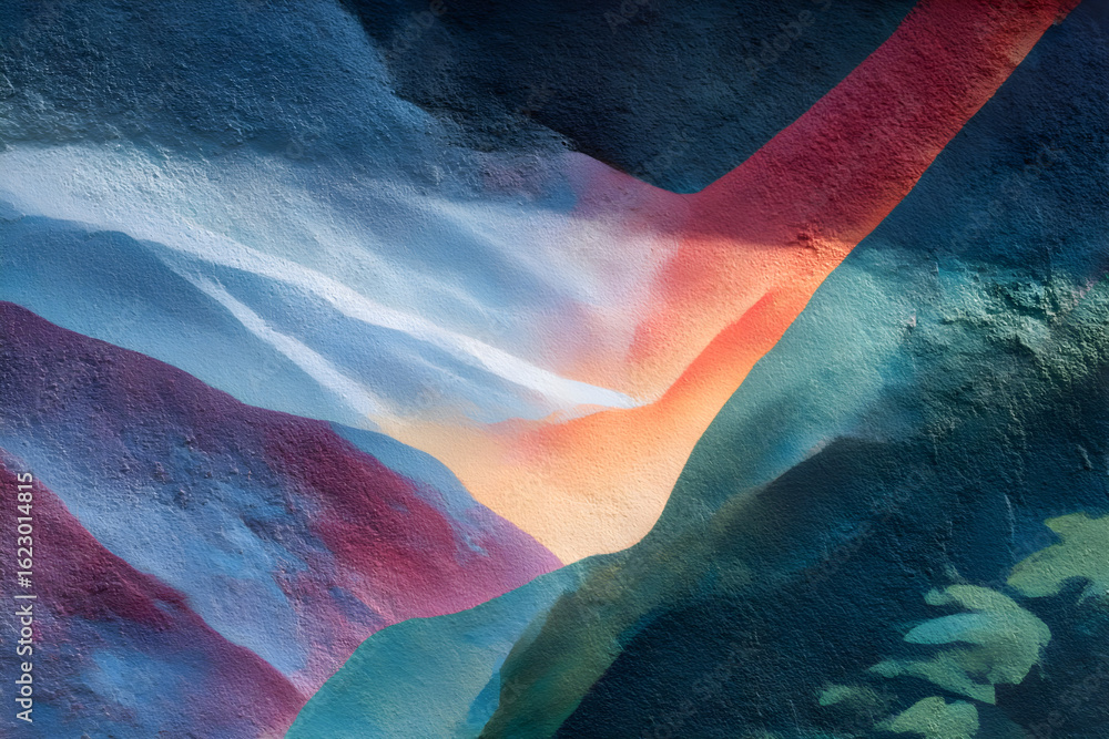 Poster abstract mural artwork featuring vibrant colors and dynamic shapes, showcasing a blend of textures a