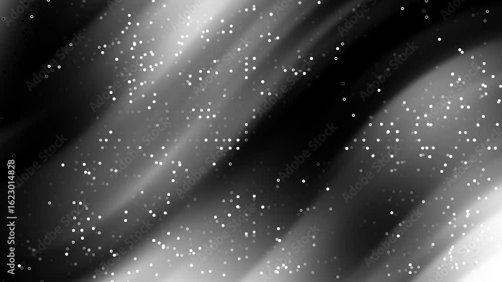 Poster abstract animated background with black white flowing waves and glowing bokeh lights, creating a bea