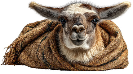 Llama Wrapped in a Scarf: A charming llama cozily wrapped in a warm scarf, creating a comforting and inviting scene, perfect for evoking feelings of warmth and relaxation.