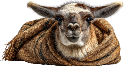 Llama Wrapped in a Scarf: A charming llama cozily wrapped in a warm scarf, creating a comforting and inviting scene, perfect for evoking feelings of warmth and relaxation.