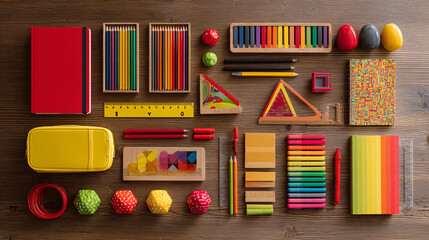Organized Wooden Desk with Bright and Colorful School Supplies