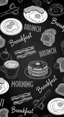 Detailed Black and White Breakfast and Brunch Food Illustration Pattern.