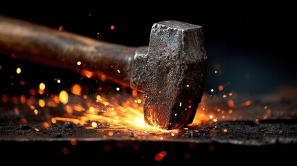 Hammer Hitting Metal with Sparks Flying in Dark Background