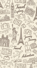Fototapeta premium Detailed Hand-Drawn Travel-Themed Pattern with Iconic Landmarks and Suitcases.