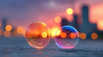 Colorful Bubbles on Ground with Blurred Urban Background at Sunset