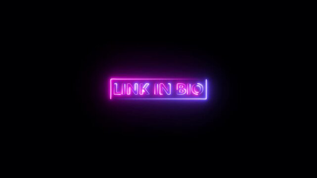 blue and purple glowing neon link in bio text icon animation on black background .