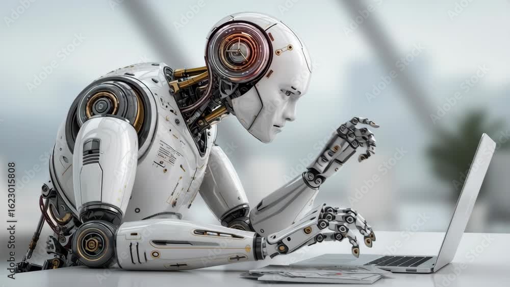 Poster humanoid robot showcases advanced technology and artificial intelligence in modern workspace with la