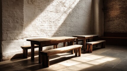 Rustic wooden tables and benches in an empty sunlit room