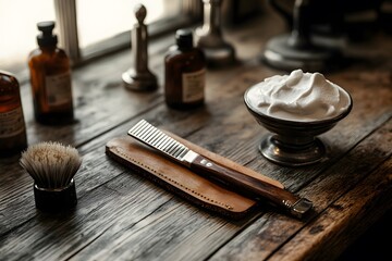 a vintage barber straight razor rests on a leather case beside shaving tools on a wooden table with foam and classic grooming charm