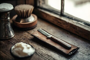 a vintage barber straight razor rests on a leather case beside shaving tools on a wooden table with foam and classic grooming charm