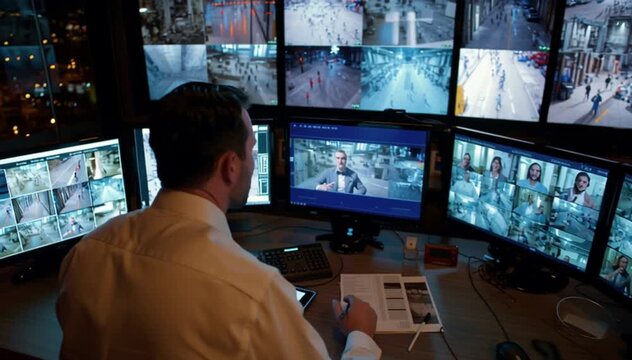 Security Guard Monitoring Surveillance Footage at Control Desk