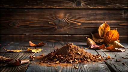 Autumnal Spice Blend on Rustic Wood Surface with Dried Leaves