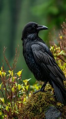 Majestic Raven Perched on a Mossy Branch with Wildlife Portrait, and Forest Background.