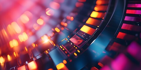 Abstract close up of a circular structure with glowing orange and pink lights and geometric shapes