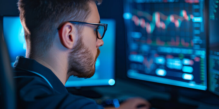 A focused man analyzes stock market data on dual monitors in a dark, immersive environment