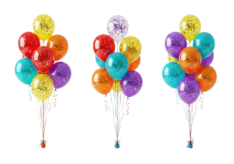 Three vibrant, multi-colored balloon bunches (red, orange, yellow, turquoise, purple) with sparkling confetti and elegant ribbons, against a transparent studio background with scattered confetti